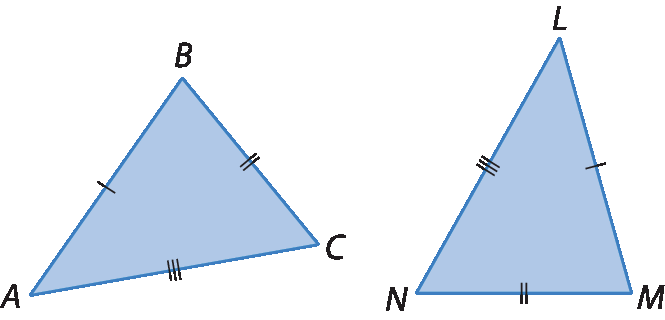 Figuras geométricas. Triângulo ABC com indicação de que os três lados têm medida de comprimento diferentes. Ao lado, triângulo LMN em que o lado LM tem a mesma medida de comprimento do lado AB, o lado NM tem a mesma medida de comprimento do lado BC, e o lado LN tem a mesma medida de comprimento do lado AC