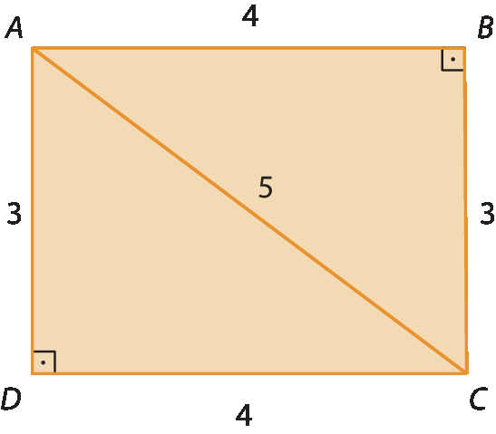 Figura geométrica. Retângulo ABCD, os lados AD e BC medem 3, o lado AB e CD medem 4. O retângulo está decomposto em 2 triângulos pela diagonal AC que mede 5.