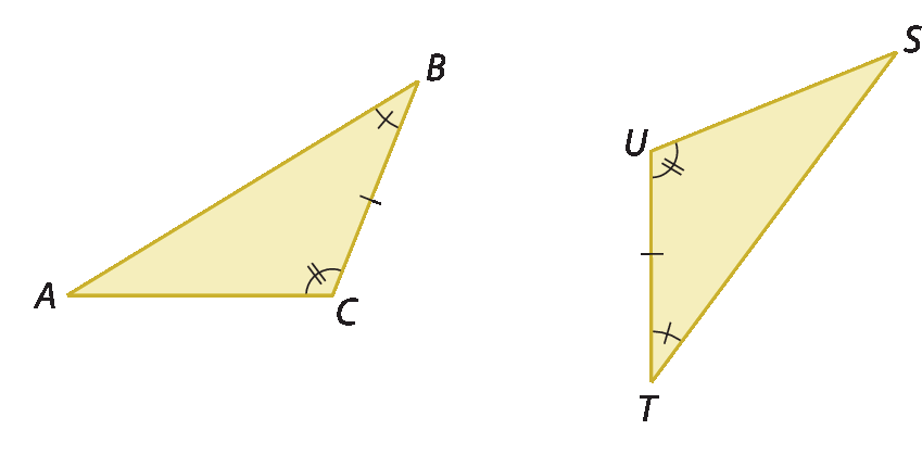 Figuras geométricas. Triângulo ABC com destaque para ângulo B, ângulo C e lado BC.
Ao lado, triângulo STU com destaque para ângulo U, o ângulo T e o lado TU.
O lado BC é congruente ao lado UT. O ângulo B é congruente ao ângulo T e o ângulo C é congruente ao ângulo U.