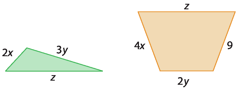 Figura geométrica. Triângulo escaleno verde, com lados medindo: 2x, 3y e z.. Figura geométrica. Trapézio laranja, com bases medindo medindo: 2y e z; e lados medindo: 4x e 9.