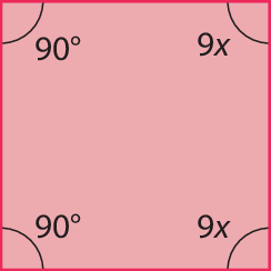 Figura geométrica. Quadrilátero vermelho. Estão indicadas as medidas dos ângulos internos: 90 graus, 90 graus, 9x e 9x.
