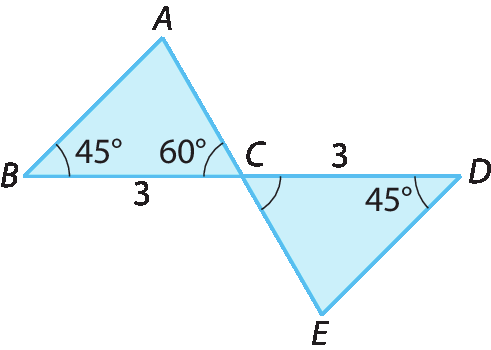 Figura geométrica. Triângulo ABC com ângulo de 45 graus em B e 60 graus em C. Triângulo CDE com vértice C em comum com o triângulo ABC, com ângulo de 45 graus em D. os segmentos BC e CD medem 3 unidades cada.
