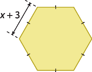 Figura geométrica. Hexágono regular amarelo de medida de comprimento de lado  x mais 3.