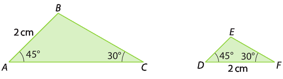 Figuras geométricas. Triângulo ABC com medida do segmento AB igual a 2 centímetros e ângulo de 45 graus em A e 30 graus em C. Ao lado, triângulo DEF com DF medindo 2 centímetros, ângulo D medindo 45 graus e ângulo F medindo 30 graus.