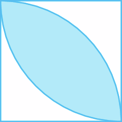 Figura geométrica. Quadrado com lados na cor azul. Dentro dele, dois arcos de circunferência um voltado para o outro, formando uma região azul. Os arcos se encontram em dois vértices opostos do quadrado.