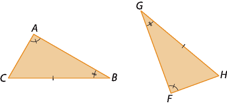 Figuras geométricas. Triângulo ABC com destaque para o ângulo A, para o ângulo B e para o lado BC. Ao lado, triângulo FGH com destaque para o ângulo F, ângulo G e lado GH.
O ângulo A é congruente ao ângulo F, o ângulo B é congruente ao ângulo G e o lado CB é congruente ao lado GH.