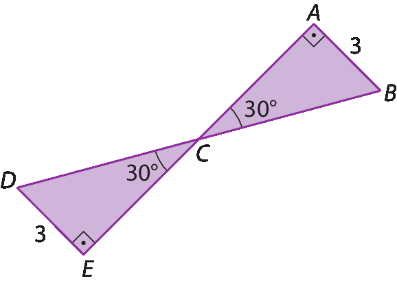 Figura geométrica. Triângulo ABC com ângulo reto em A, ângulo de 30 graus em C e lado AB medindo 3 unidades. Triângulo retângulo CDE, reto em E, com vértice C em comum ao triângulo ABC. Ângulo em C mede 30 graus, o lado DE mede 3 unidades.
