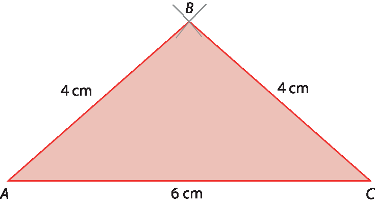 Ilustração. Triângulo vermelho ABC com lados medindo 4 centímetros, 4 centímetros e 6 centímetros.