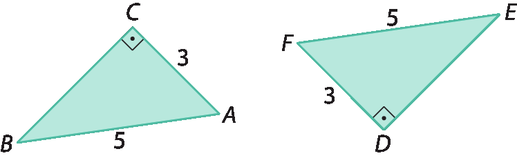 Figuras geométricas. Triângulo ABC com lado AB medindo 5 e lado AC medindo 3. Ao lado, triângulo DEF com lado FE medindo 5 e lado DF medindo 3.