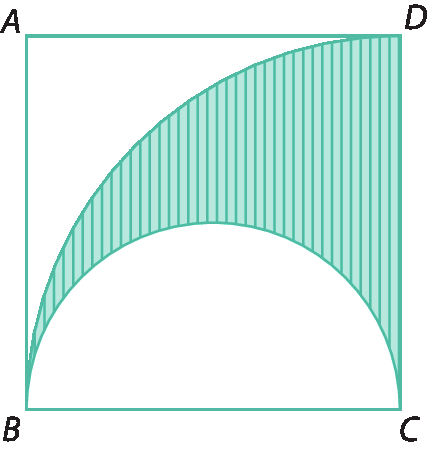 Figura geométrica. Quadrado ABCD. Dentro do quadrado há uma semicircunferência e os vértices B e C pertencem à ela. Há outra parte de circunferência com centro em C e raio CD. A região entre estas circunferências está hachurada.
