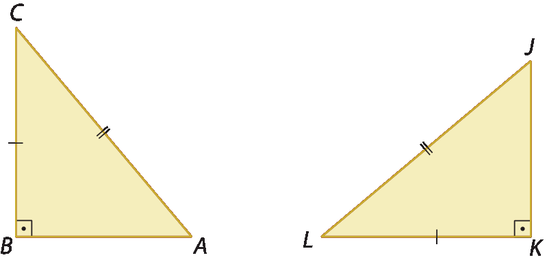 Figuras geométricas. Triângulo retângulo ABC, reto em B, com destaque para o lado AC e BC de medidas diferentes.
Triângulo retângulo JKL, reto em K,  com destaque para o lado LK e JL, de medidas diferentes.
Os lados CA e JL são congruentes e são a hipotenusa.
Os lados BC e KL são congruentes e são catetos.