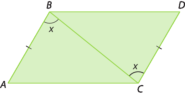 Figura geométrica. Paralelogramo ABDC dividido em dois triângulos ABC e BCD. O ângulo ABC mede x, o ângulo BCD mede x, os segmentos AB e CD são congruentes.