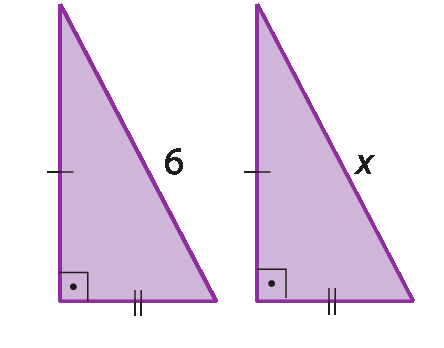 Figuras geométricas. Triângulos retângulos 
com os catetos correspondentes congruentes. À esquerda, triângulo com hipotenusa medindo 6. À direita,  triângulo anterior com hipotenusa medindo x.