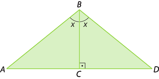Figura geométrica. Triângulo isósceles ABD. BC é bissetriz do ângulo B e é altura relativa ao lado AD. o ângulo ABC e DBC medem x.