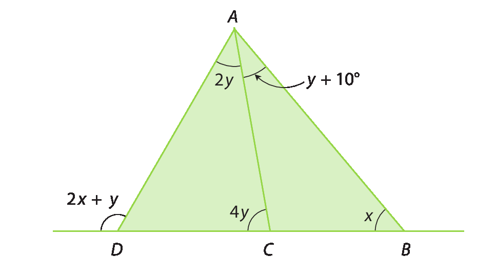 Figura geométrica. Triângulo verde dividido em dois triângulos. Do lado esquerdo, triângulo ACD com ângulos 2y, 4y e ângulo externo em D 2x mais y. Do lado direito, triângulo ABC com ângulos x e y mais 10 graus.
