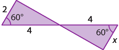 Figura geométrica. Triângulo com ângulo de 60 graus e lados desse ângulo medindo 2 e 4. Com vértice em comum de modo que o ângulo correspondente a ele seja oposto pelo vértice, um triângulo com medida de ângulo 60 graus e os lados desse ângulo medem 4 e x.