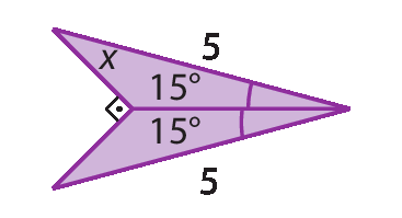 Figura geométrica. Dois triângulos com um lado comum, ângulo interno de 15 graus determinado pelo lado comum e um lado que mede 5, o ângulo oposto ao lado comum mede x.