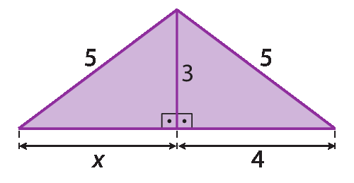 Figura geométrica. Triângulo isósceles com lados congruentes medindo 5, altura relativa ao lado não congruente medindo 3. A base de um desses triângulos determinado pela altura mede 4 e o outro lado mede x.