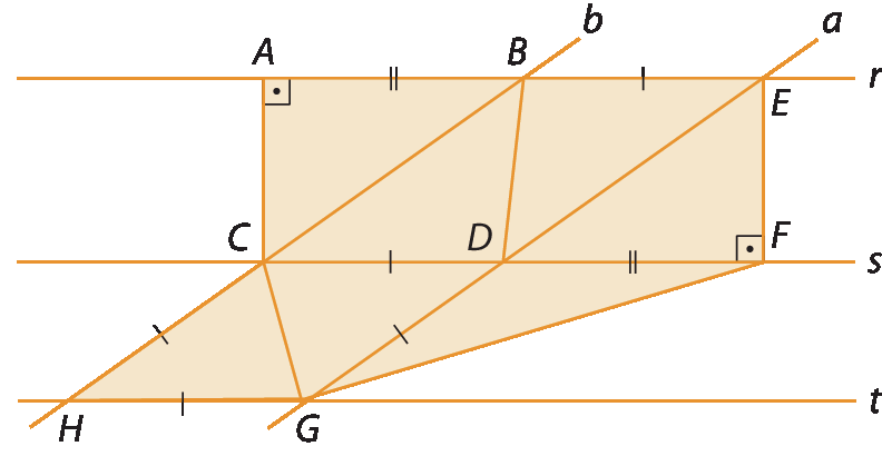 Esquema. Três retas horizontais paralelas: r, s e t. e duas retas transversais: a e b. Entre as retas r e s são determinados dois quadriláteros ABDC e BEFD, com os pontos A, B e E na reta r e os pontos C, D e F na reta s. A diagonal BC determinada pela reta b divide o quadrilátero ABDC em dois triângulos não congruentes. O triângulo ABC é reto em A.
A diagonal DE determinada pela reta a divide o quadrilátero BEFD em dois triângulos não congruentes. O triângulo DEF é reto em F.
Entre as retas s e t são determinados um triângulo DFG e um losango CDGH, em que os pontos G e H estão na reta t.
Os lados BE, CD, DG, CH e HG são congruentes. Os lados AB e DF são congruentes.