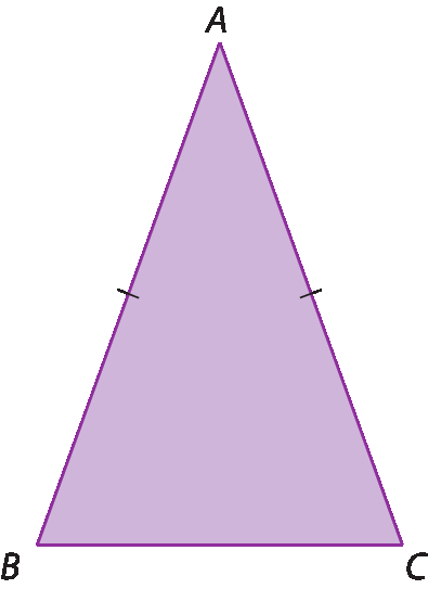 Figura geométrica. Triângulo isósceles ABC. Com indicação que os lados AB e AC são congruentes.