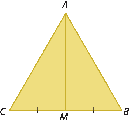 Figura geométrica. Triângulo ABC. Segmento AM é mediana relativa ao lado BC. Indicação de que os segmentos CM e MB são congruentes.