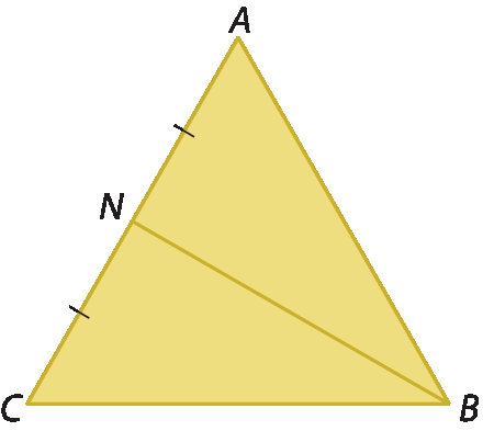 Figura geométrica. Triângulo ABC. BN é mediana relativa ao lado AC. Indicação de que os segmentos AN e CN são congruentes.