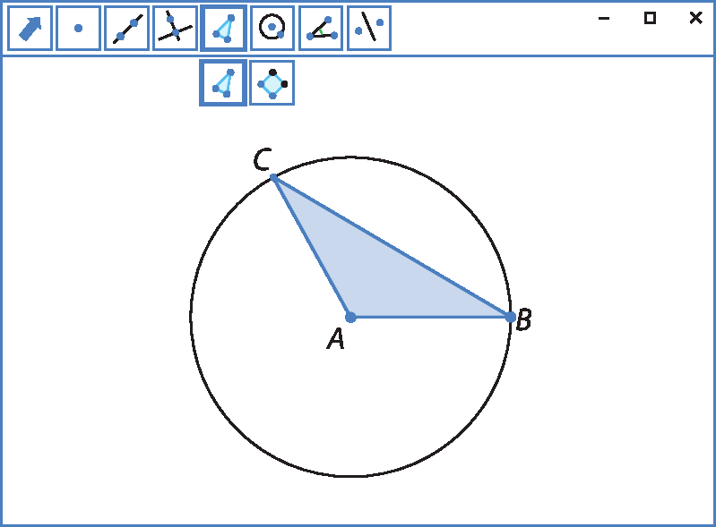 Ilustração. Tela de software de geometria dinâmica. Acima, botões de comandos: mover, ponto, reta, reta perpendicular, polígono, circunferência, medida de ângulo, simetria. O comando polígono está selecionado e aparecem os comandos polígono e polígono regular. Na tela, circunferência de centro em A, e triângulo ABC, em que os vértices B e C, pertencem à circunferência.