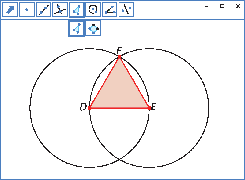 Ilustração. Tela de software de geometria dinâmica. Acima, botões de comandos: mover, ponto, reta, reta perpendicular, polígono, circunferência, medida de ângulo, simetria. O comando polígono está selecionado e aparecem os comandos polígono e polígono regular. Na tela, duas circunferências de mesmo raio de modo que o centro de uma circunferência pertence a outra circunferência. O centro D e E das das circunferências e a intersecção das circunferências, ponto F, determinam o triângulo equilátero DEF.
