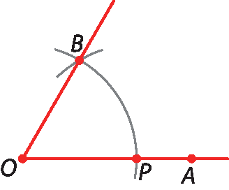 Figura geométrica. Ângulo AOB, com arco de centro em O e raio OB, determina o ponto P no lado OA do ângulo.
