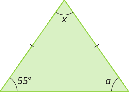 Figura geométrica. Triângulo isósceles em que os ângulos das bases medem 55 graus e a, e o ângulo formado pelos lados congruentes mede x.