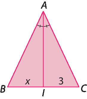 Figura geométrica. Triângulo isósceles ABC, com AI bissetriz do ângulo A, o segmento BI mede x e o segmento IC mede 3.