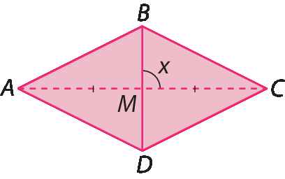 Figura geométrica. Losango ABCD. M é o ponto médio do segmento AC, BD passa por M, ângulo BMC mede x.