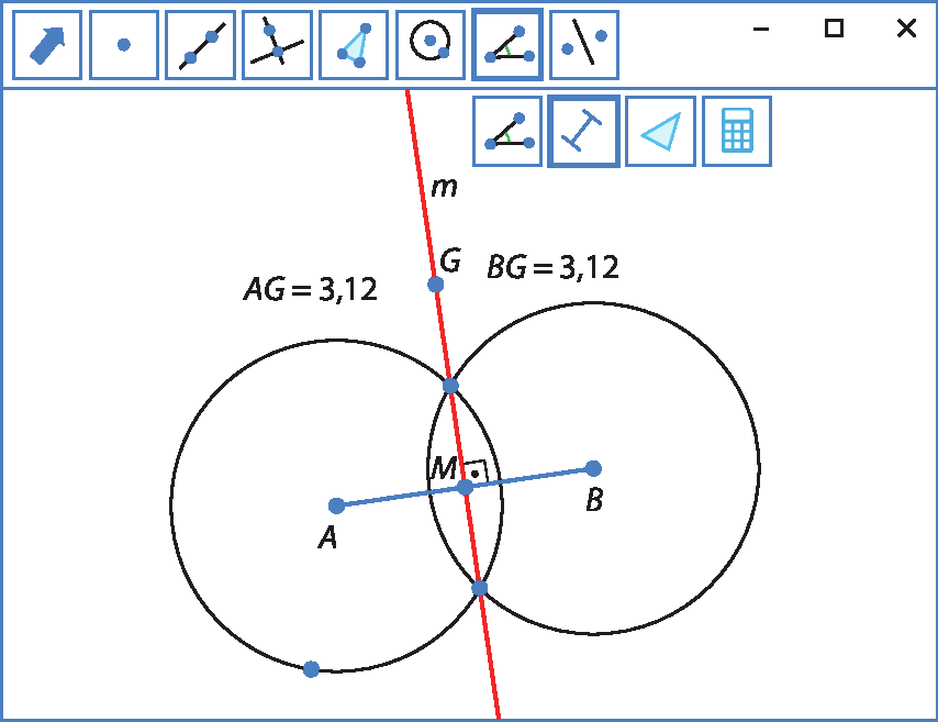 Ilustração. Software de geometria. Na parte superior, botões de comandos. Na tela, duas circunferências, sendo a da esquerda com ponto central A e a da direita com ponto central B formando o segmento AB. Reta m vertical passando pelos dois pontos de intersecção das circunferências. No centro dessa intersecção o ponto M, central ao segmento AB. Acima, na reta m, ponto G, à esquerda do ponto a indicação AG = 3,12 e à direita do ponto, a indicação BG = 3,12.