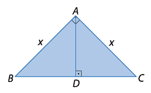 Figura geométrica. Triângulo isósceles ABC, retângulo em A, o lado AB mede x, o lado AC mede x. O segmento AD é perpendicular ao lado BC.