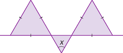 Figura geométrica. Reta horizontal. À esquerda triângulo equilátero acima da reta, abaixo da reta um triângulo cujo ângulo oposto ao lado referente a reta suporte mede x. Ao lado desse triângulo, acima da reta um triângulo equilátero congruente ao primeiro triângulo apresentado.