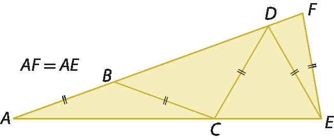 Figura geométrica. Triângulo AEF. C pertence ao lado AE, B e D pertencem ao lado AF. ABC é um triângulo isósceles com AB congruente a BC. BCD é um triângulo isósceles com BC congruente a DC. DEF é um triângulo isósceles com DE congruente a EF.