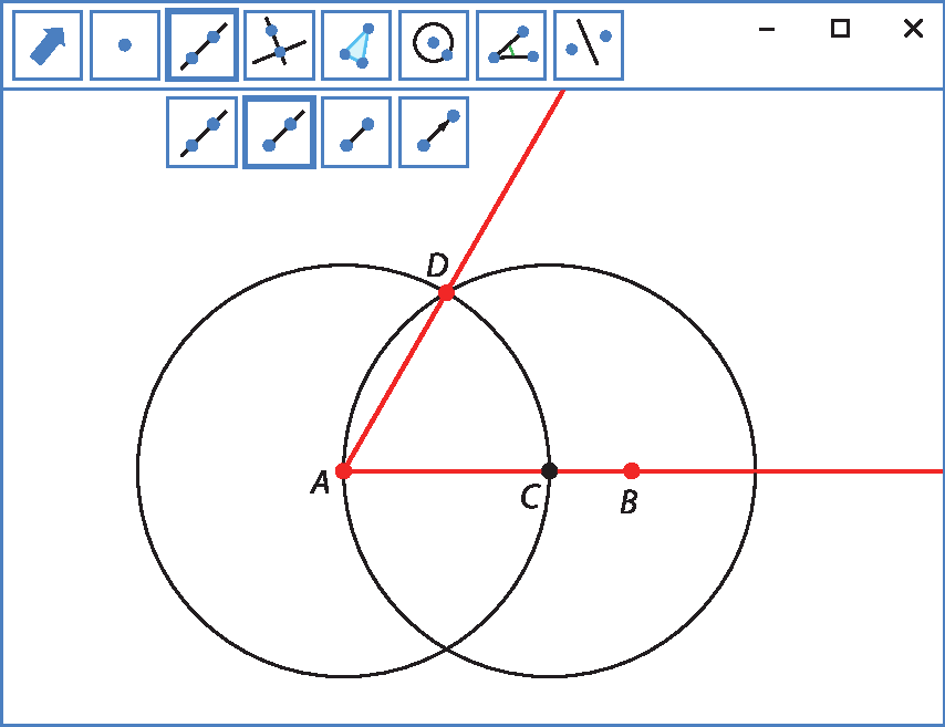 Ilustração. Software de geometria. Na parte superior, botões de comandos. Na tela, duas circunferências, sendo a da esquerda com ponto central A e a da direita com ponto B formando semirreta AB com ponto C central. Acima, semirreta AD.