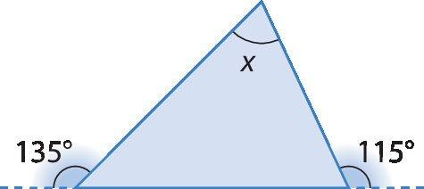 Figura geométrica. Triângulo com ângulo interno x, os outros ângulos sem medida tem como medidas de ângulo externo 135 graus e 115 graus.