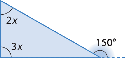 Figura geométrica. Triângulo com ângulo interno 2x e 3x. O ângulo sem medida tem como ângulo externo 150 graus.