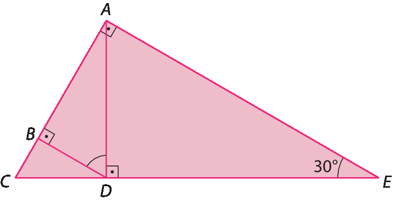 Figura geométrica. Triângulo retângulo ACE, retângulo em A e ângulo interno E igual a 30 graus. Segmento AD é altura relativa ao lado CE. No triângulo ACD, DB é a altura relativa ao lado AC. O ângulo D está destacado no triângulo ABD.