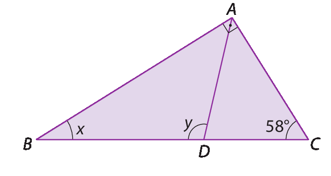 Figura geométrica. Triângulo retângulo ABC, ângulo reto em A. ângulo B mede x, ângulo C mede 58 graus. No lado BC há um ponto D. O segmento AD divide o triângulo ABC em dois triângulos, ângulo ADB mede y.