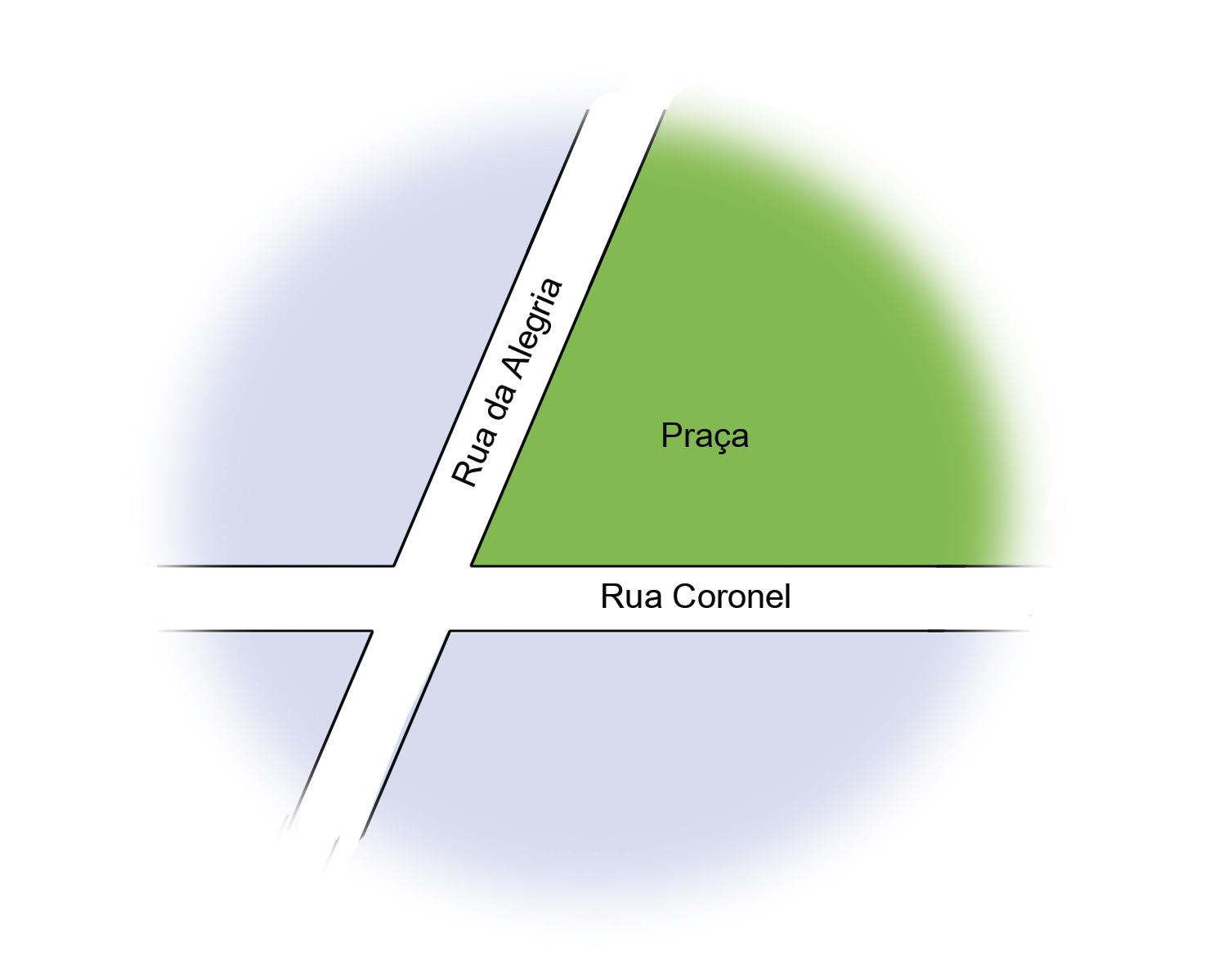 Ilustração. Duas retas cruzadas representando ruas à esquerda de uma praça. Rua vertical com o nome Rua da Alegria. Rua horizontal com o nome Rua Coronel.