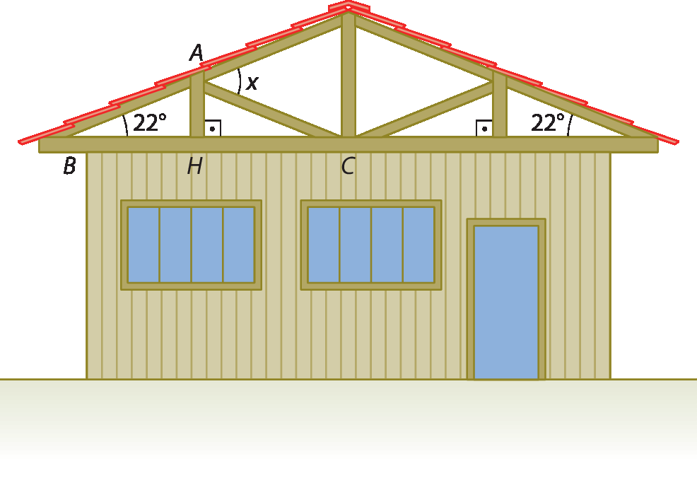 Ilustração. Telhado triangular de uma casa. À esquerda, triângulo retângulo ABH, ângulo reto em H, ângulo B mede 22 graus. 
Os pontos B, H e C estão alinhados. No vértice A são determinados mais dois triângulos, AHC que é congruente ao triângulo AHB, e um outro triângulo isósceles que tem o ângulo não congruente medindo x.