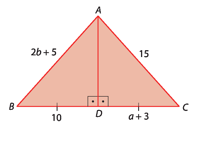 Figura geométrica. Triângulo ABC. Segmento AD é perpendicular ao lado BC. AB mede 2b mais 5, AC mede 15, BD mede 10 DC mede a mais 3.