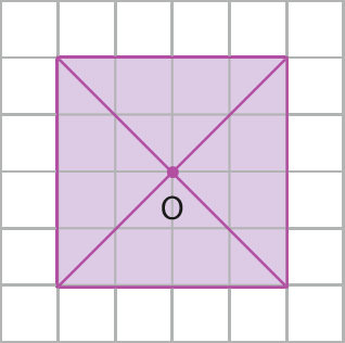 Figura geométrica: malha quadriculada com seis linhas com seis quadrados em cada. Há um quadrado roxo ocupando 16 quadrados centrais da malha. As duas diagonais do quadrado estão traçadas, com centro O.