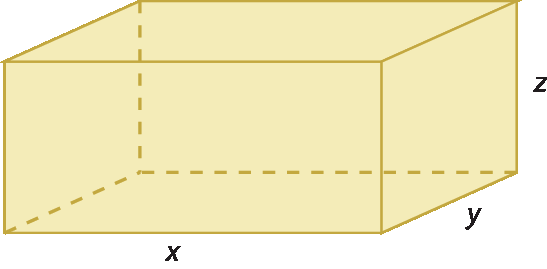 Figura geométrica: paralelepípedo amarelo com dimensões representadas por x, y e z.
