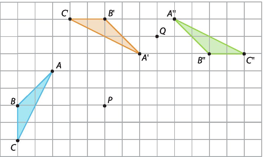 Esquema. Malha quadriculada, à esquerda, triângulo azul ABC, à direita, o ponto P na mesma direção do vértice B do triângulo. Acima, o triângulo alaranjado A linha, B linha, C, linha. À direita o triângulo verde A duas linhas, B duas linhas, C duas linhas. Entre os tiângulos A linha, B linha, C linha e o triângulo A duas linhas, B duas linhas, C duas linhas há o ponto Q.