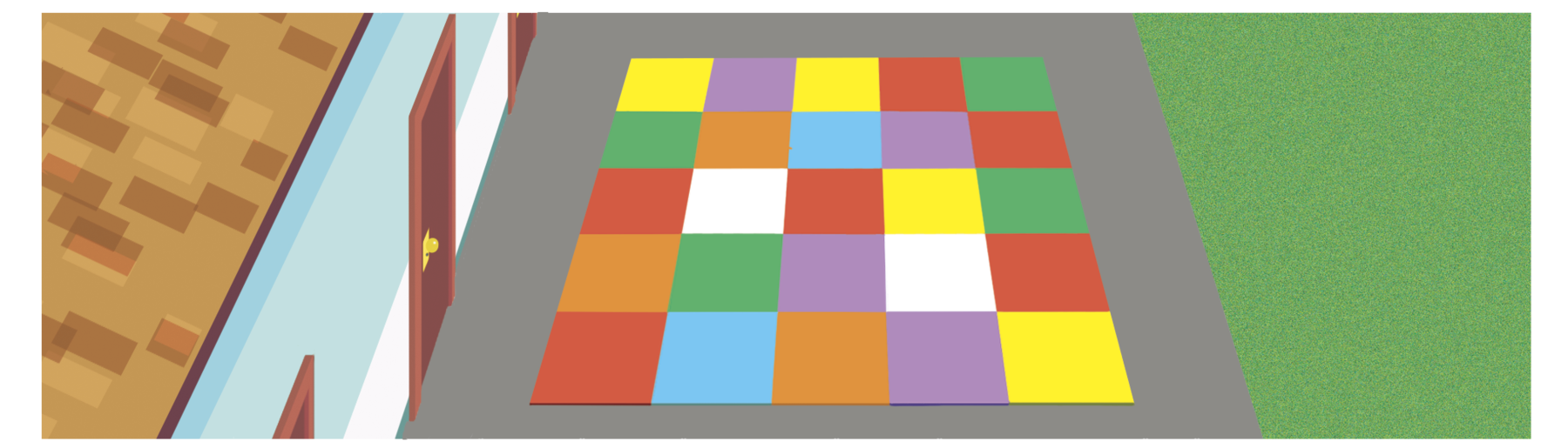 Ilustração. Vista de cima de um espaço recreativo onde há um quadrado composto por 25 quadrados menores coloridos.