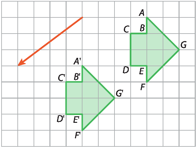 Figura geométrica: Malha quadriculada. À direita, figura ABCDEFG parecida com uma seta virada para direita. À esquerda, seta diagonal de baixo para cima. Abaixo, figura congruente a anterior A linha, B linha C linha, D linha, E linha F linha, G linha.
