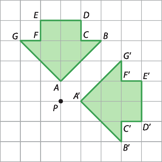 Figura geométrica: Malha quadriculada. À direita, figura ABCDEFG semelhante a uma seta virada para baixo. Abaixo, figura congruente a anterior A linha, B linha C linha, D linha, E linha F linha, G linha virada para esquerda. Entre A e A linha, ponto P.